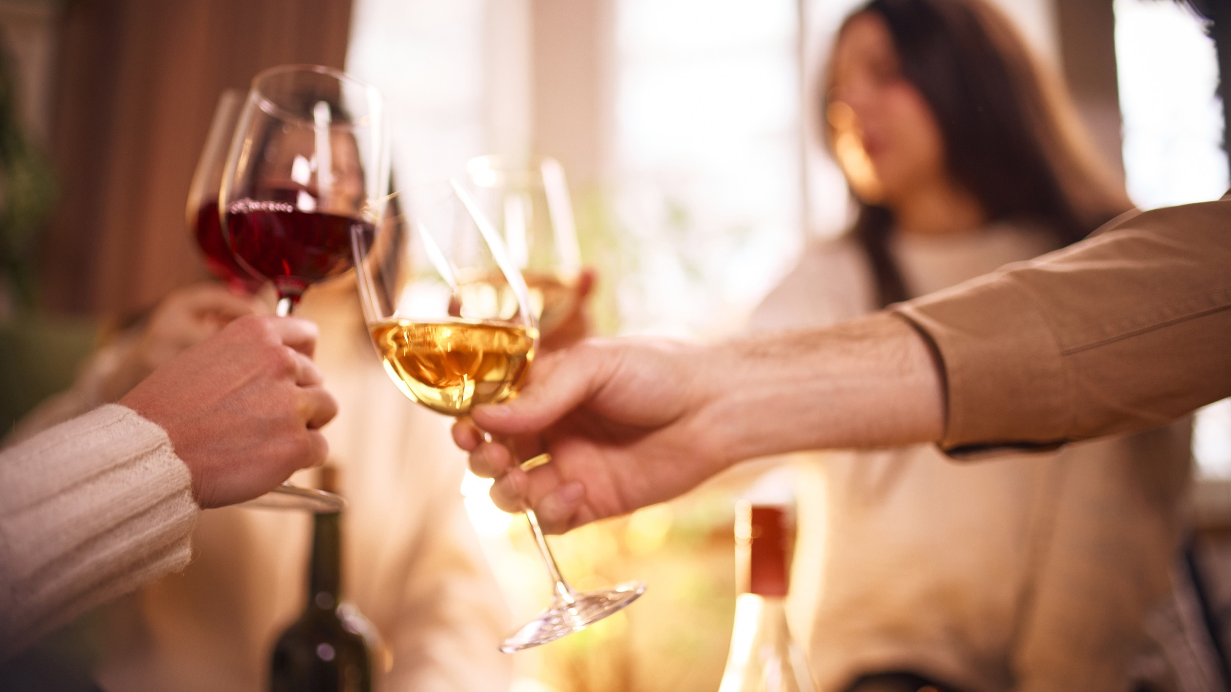 Friends raising glasses of red and white wine in a toast